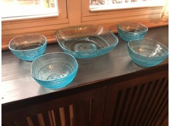 Five Blue Glass Serving Dishes
