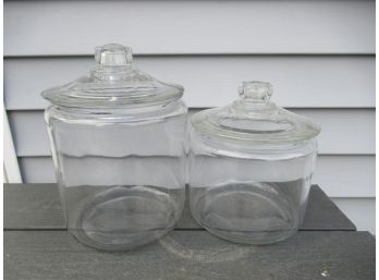 Pair Clear Glass Crocks With Lids