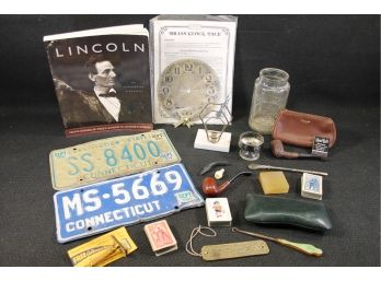 Vintage Collectors Lot Brass Clock Face, Mr. Peanut Jar, License Plates, Collectible Pipes, Sterling 510, Etc.