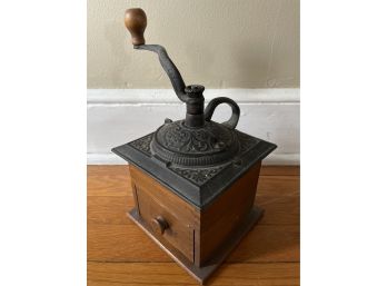 Antique Wood Coffee Grinder With Cast Iron Hand Crank Coffee Mill With A Wood Drawer