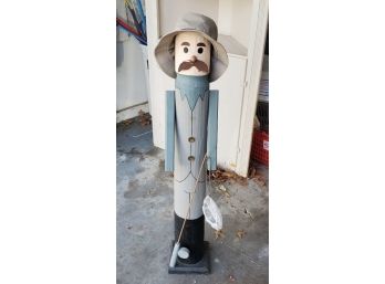 Carved Wood Fisherman Statue With Adjustable Arms,  Rod & Reel And A Fishnet - 44 Inches Tall!