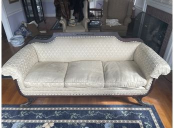 Lovely Antique Sofa With Flared Legs And Metal Claw Feet And Carved Wood Top And Georgeous Upholstery