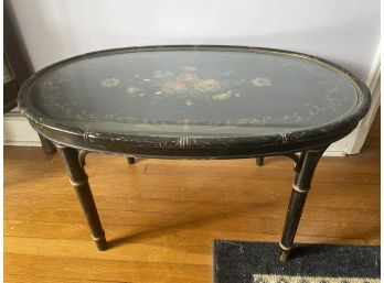 Antique Wood And Glass Coffee Tablewith Handpainted Flowers, Mother Of Pearl, And  Fourish Accents