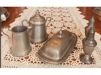 Vintage International Pewter Sugar Bowl, Creamer, S & P Shakers & Butter Dish