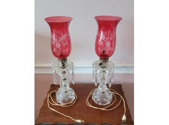 Pair Of Lovely Vintage Looking Electric Candle Lamps With Crystal Prisms & Etched Hurricane Glass 17 3/4' Tall