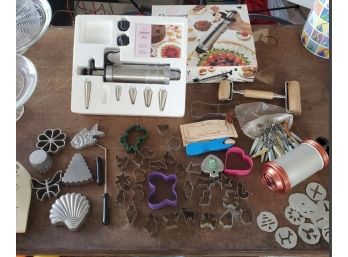 Large Cookie Making Tools Lot- Cutter Cutter Molds, Rosette Timbale Irons, Batter Roller And Mold Push & Decor