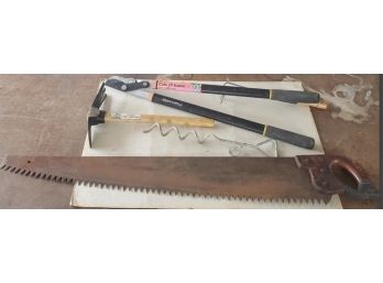 Assorted Tool Lot- Antique Red Diamond Large- Tooth Saw, Fiskars 28' Bypass Lopper, Garden Tillers, Pet Line