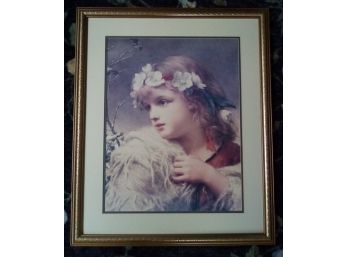 Large Framed And Double Matted Beautiful Picture Of Girl With Flowers In Hair, Makers Mark Shown