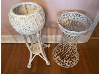 Two White Vintage & Tall Wicker Plant Stands