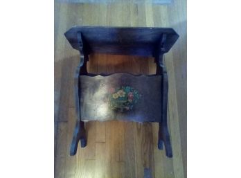 Classic Vintage Wood Magazine Side Table Embellished With Flower Designs On Top And Side