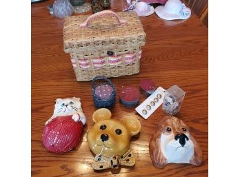 Vintage String Dispensers & Sewing Basket - Pin Cushions