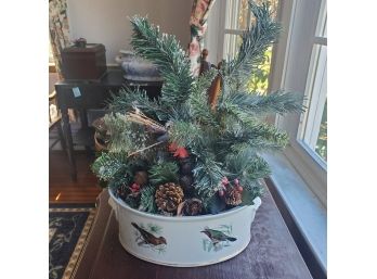 Ceramic Lourioux Le Faune, Made In France Planter With Lovely Painted Birds &  Dried Floral Arrangement