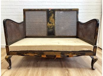 19th Century Hand-Painted Ebonized Chinoiserie Settee With Caned Back