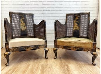 Pair Of 19th Century Hand-Painted Ebonized Chinoiserie Chairs With Caned Backs - A Pair