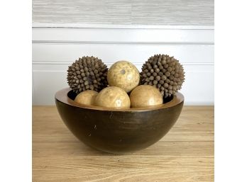 Wooden Bowl And Decorative Orbs