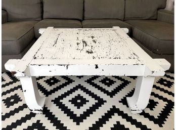 Distressed Asian Inspired White Square Coffee Table With Horse Hoof Leg