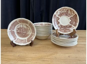 Alfred Meakin Fair Winds Brown Staffordshire Nautical Historical Bowls And Saucers