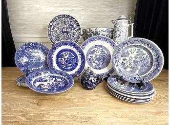 Assorted Vintage Blue And White Imported Porcelain Plates, Stein Pitcher And Various Pots