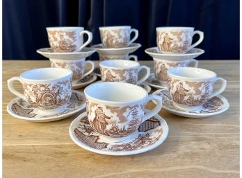 Alfred Meakin Fair Winds Brown Staffordshire Nautical Historical Scenes Tea Cups And Saucers  2 Of 2
