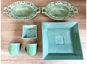 Assorted Green Ceramic Platters And Mugs