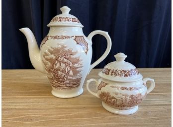 Alfred Meakin Fair Winds Brown Staffordshire Nautical Historical Scans Tea Pot And Sugar Bowl