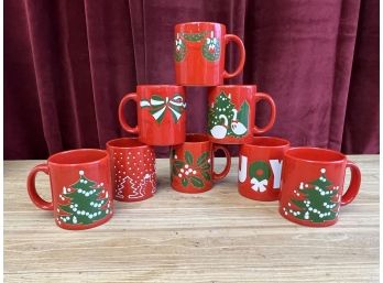 Vintage Collectible Set Of Eight Waechtersbach Red Ceramic Coffee Cups Mugs