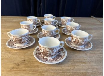 Alfred Meakin Fair Winds Brown Staffordshire Nautical Historical Scenes Tea Cups And Saucers  1 Of 2