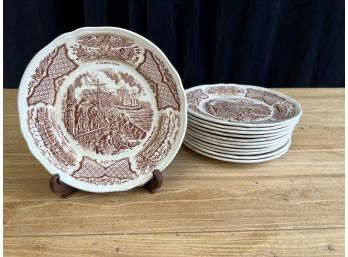 Alfred Meakin Fair Winds Brown Staffordshire Nautical Historical Scenes Luncheon Plates 1Of 2
