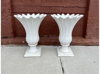Pair Of Tall Fluted Tulip Scalloped Planters