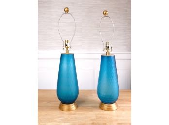 Fabulous Pair Of Blue Glass Lamps On Gold Bases