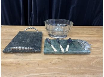 Marble Cutting Boards And Bowl With Inox Cheese Set, Made In Italy