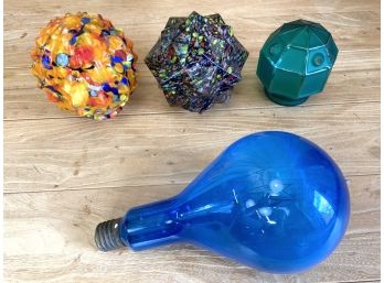 Colorful Assorted Vintage Glass Items - GE Mazda Blue Light Bulb & Murano Style Art Glass Paperweights