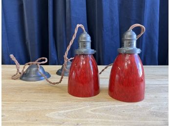 Pair Of Red Handblown Pendant Lights With Cord