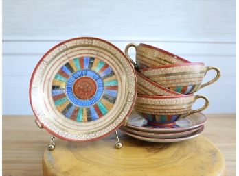 Oriental Inspired Colorful Mosaic / Striped Vintage China Teacups And Saucers