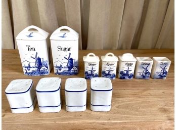 Delft Style Blue And White Spice Shakers And Ceramic Canisters With Windmill Motif