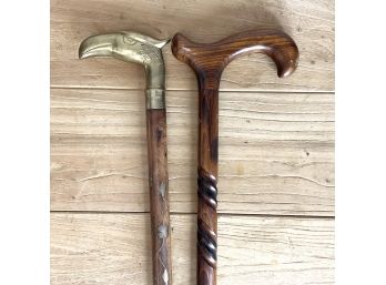 Pair Of Hand Carved Harvy Walking Canes With Decorative Brass Detail