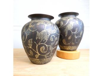 Set Of 2 Embossed Bird And Vine Pattern Vases With Metallic Bronze Finish