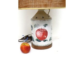 Country Apple Painted C.1900 Stoneware Jug Lamp W/mid-century Shade, Great Weathervane Finial