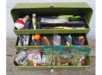 Vintage Green Metal Tackle Box With Assorted Fishing Tackle