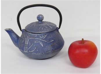 Japanese Tetsubin Blue Coral Colored Cast Iron Teapot Bamboo Design