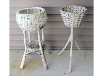 Pair Of Vintage Wicker Free Standing Planters For Summer Plants And Fall Mums