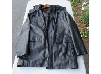 Men's  Leather Jacket By Phase Two W/removable Zip-in Lining, Has A Hood As Well