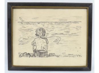 Pen & Ink Drawing Small Boy At The Beach, Contemplating The Waves - Seagulls, Signed A. Kuhn