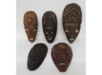 Lot Of 5 Carved African Tribal Masks - 2 Signed