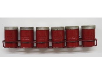 Vintage Depression Era Deep Red Painted Aluminum Spice Set Wall Rack - 6 Spice Cans