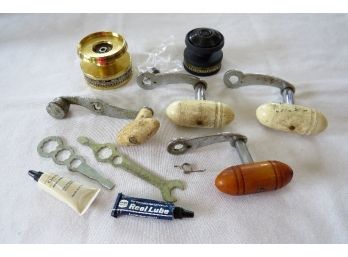 Misc. Fishing Parts Lot -  Spools, Handles, Lube & More