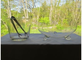 Mid-Century Footed Console Bowl And Glass Ice Bucket W/Tongs