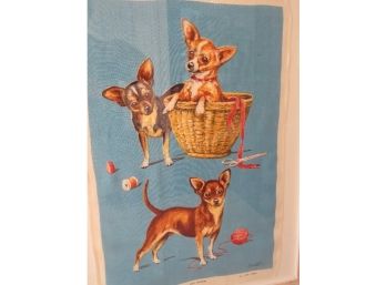 Vintage Lamont Irish Linen Framed Chihuahua's Playing In The Sewing Basket - Very Cute