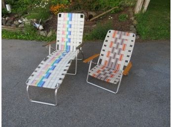 Pair Of Vintage Aluminum & Webbing Folding Chairs W/wooden Arms