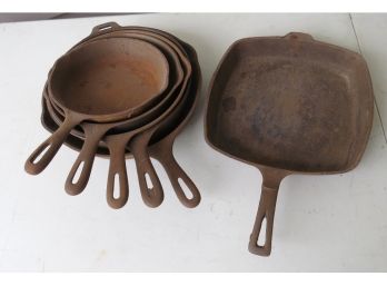 Lot Of 6 Cast Iron Frying Pans Sizes 5 - 9 And A Square Skillet